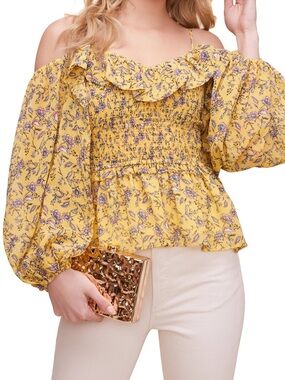 ASTR The Label | Women’s Yellow Floral Smocked Off-Shoulder Blouse with Ruffle
